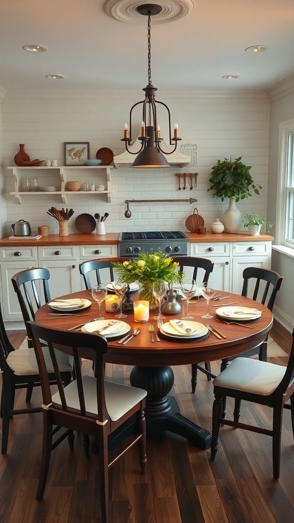 A round farmhouse kitchen table set for dinner with chairs around it.
