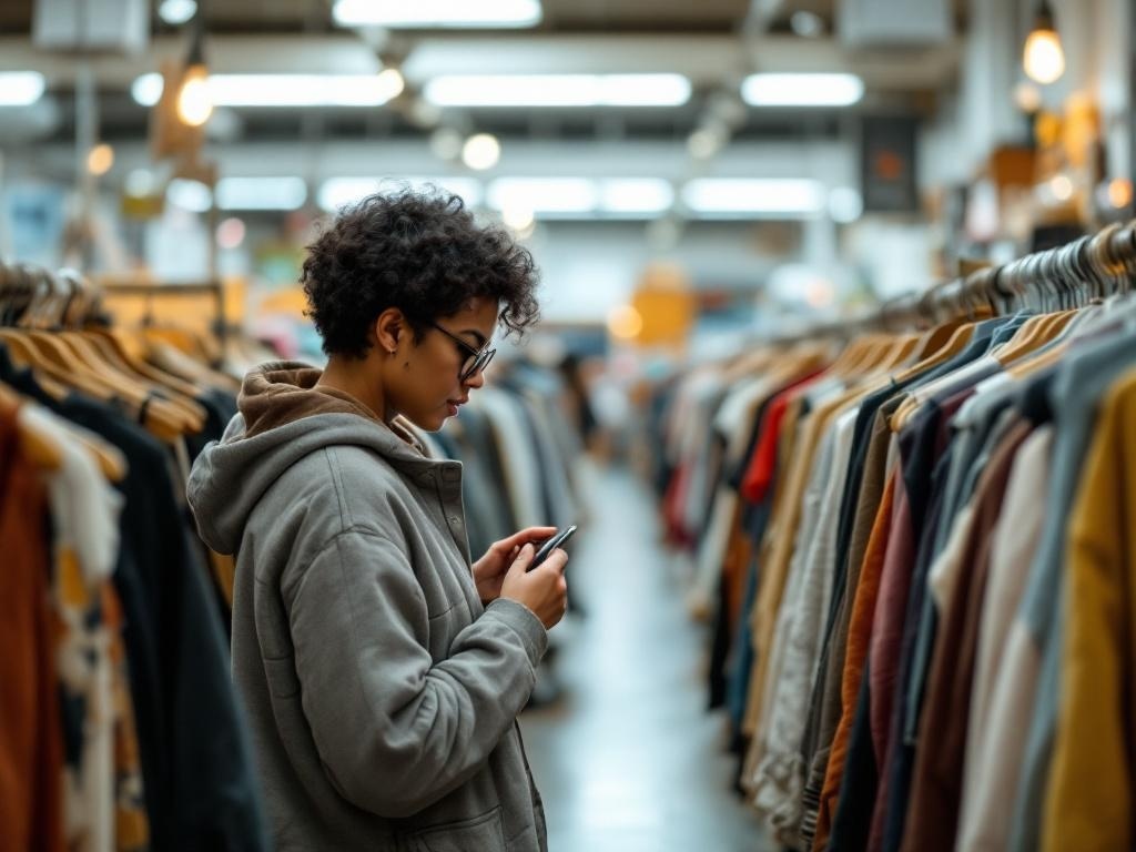 A person browsing through clothing racks in a thrift store, looking at their phone.
