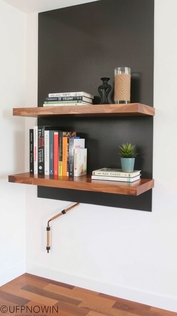 A floating bookshelf mounted on a wall with books arranged on it.