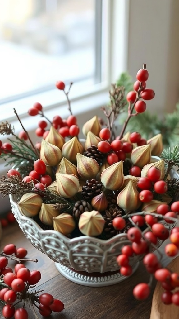 A decorative arrangement of seed pods and red berries in a white bowl.