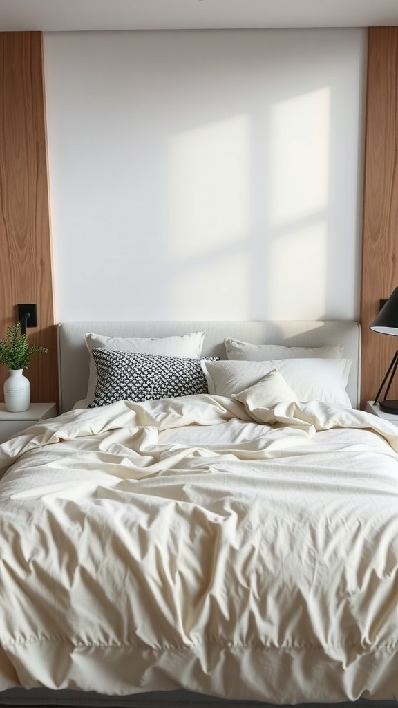 A modern bedroom with a neatly made bed featuring neutral bedding and decorative pillows.