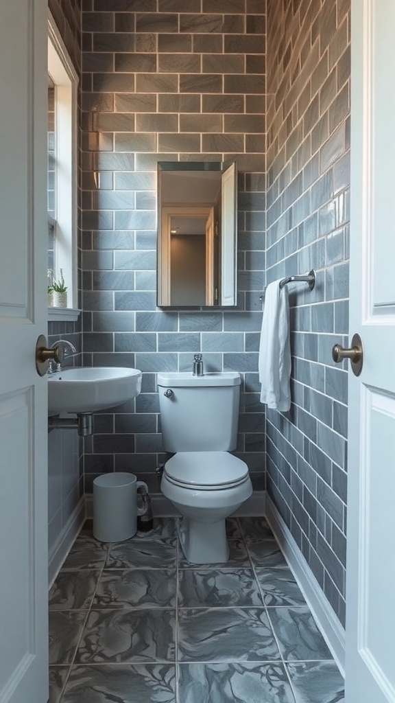 A small bathroom featuring gray tiles on the walls and floor, a white toilet, and a modern sink.