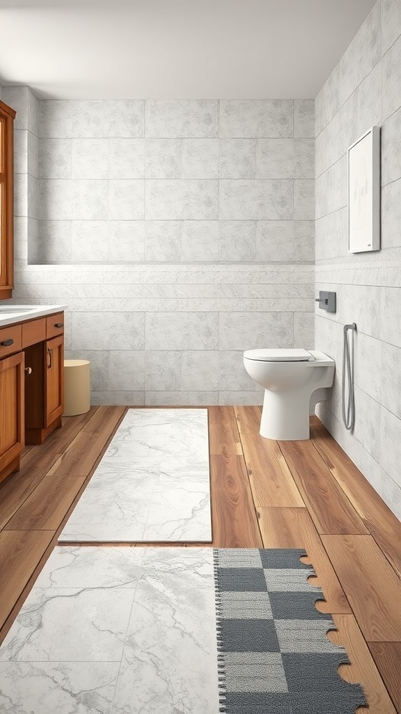 A modern bathroom featuring a mix of wood and marble-like tile flooring, with a stylish rug.