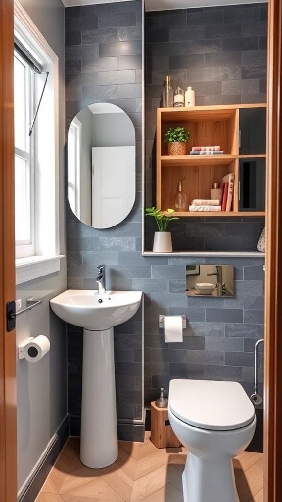 A small bathroom featuring a pedestal sink, compact toilet, and a round mirror.