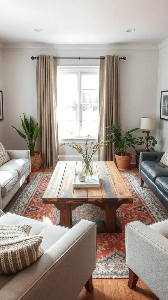 A cozy coffee nook with a wooden coffee table, surrounded by comfortable seating and plants.
