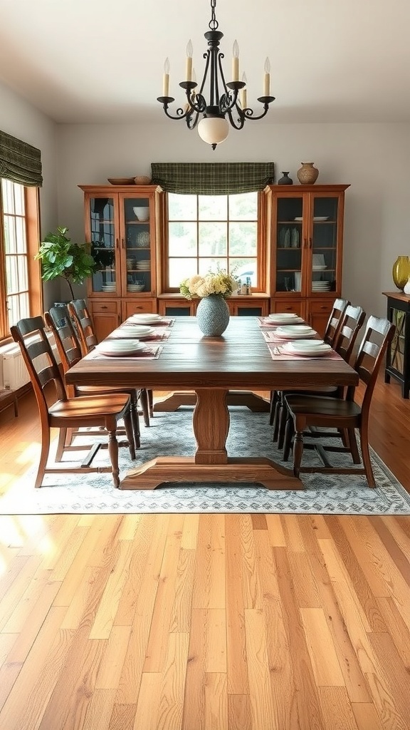 A rustic farmhouse dining table set in a bright room with wooden floors and large windows.
