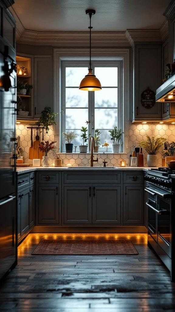 A cozy kitchen with warm lighting, featuring a pendant light, under-cabinet lights, and a window with plants.