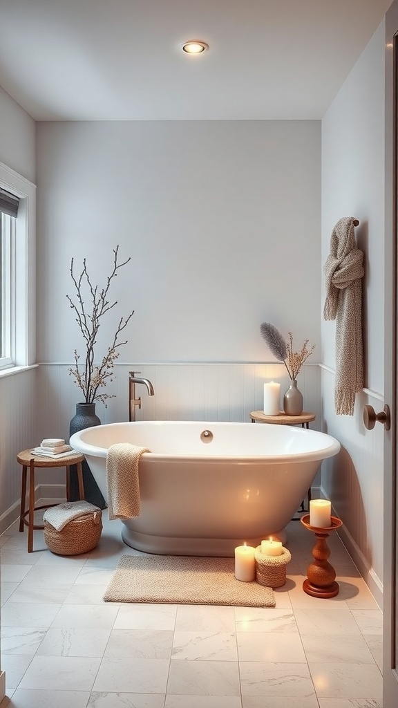 A serene bathroom featuring a freestanding tub, candles, and natural decor.