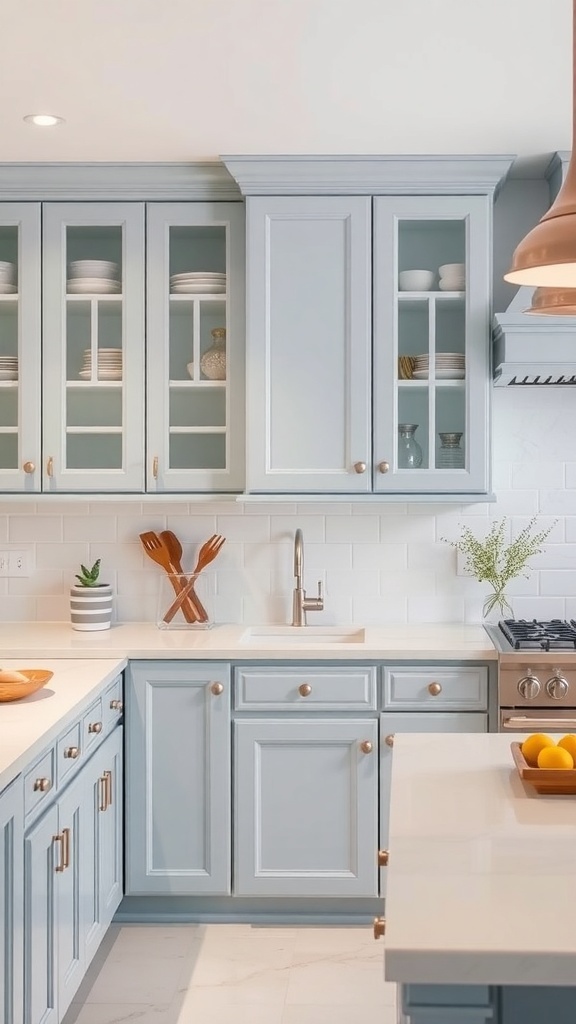 A serene kitchen featuring blue cabinets, white countertops, and gold accents.