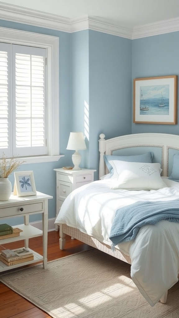 A serene bedroom featuring light blue walls and white furniture, with soft bedding and a cozy rug.