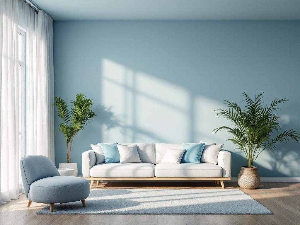 A serene living room with soft blue walls, a white sofa with blue cushions, and green plants.