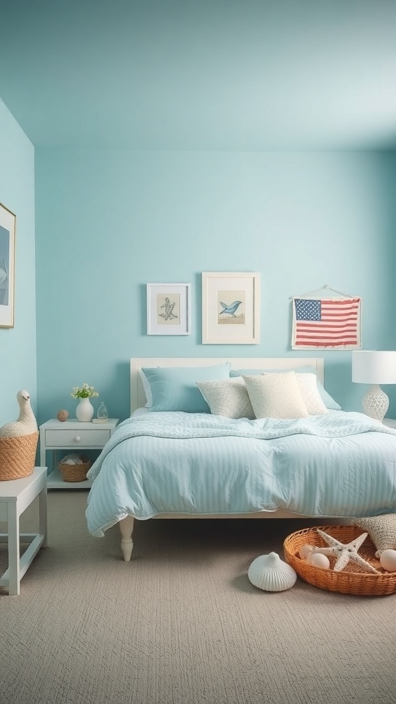 A serene light blue bedroom with coastal decor, featuring a bed with light blue bedding, framed artwork, and natural elements.