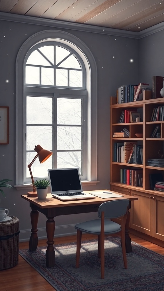 A cozy home office with a desk, laptop, and a snowy view outside the window.