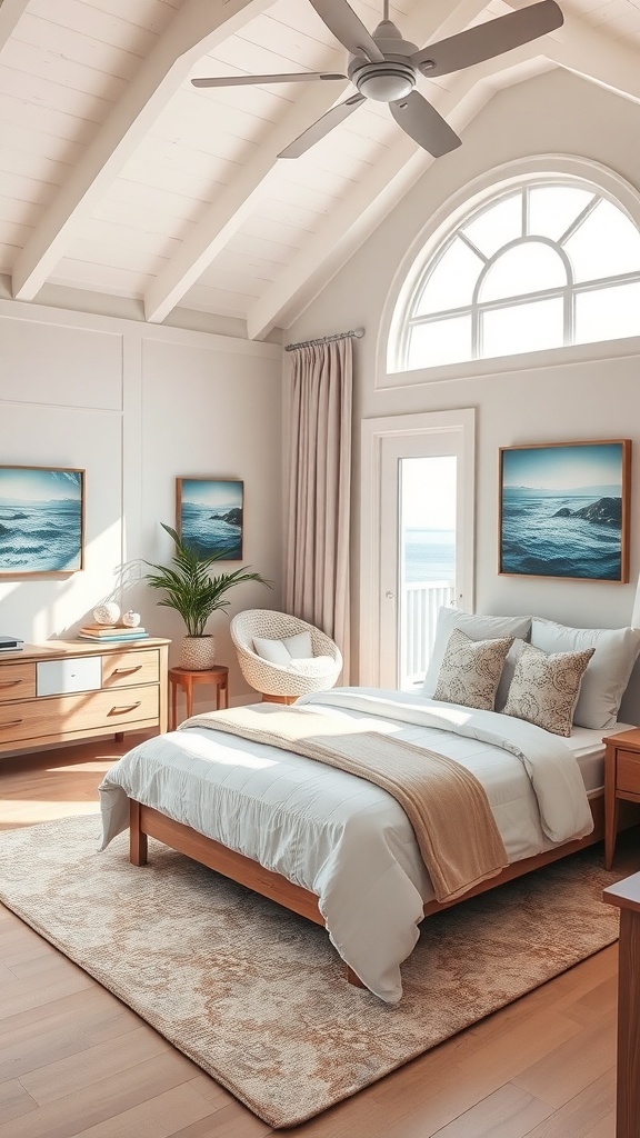 A serene master bedroom with a coastal theme, featuring a bed, wooden furniture, and ocean-themed artwork.