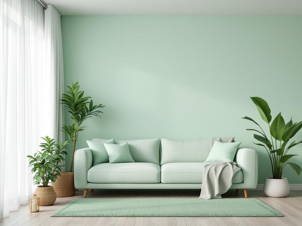 A cozy living room featuring mint green walls and sofa, with plants and natural light.