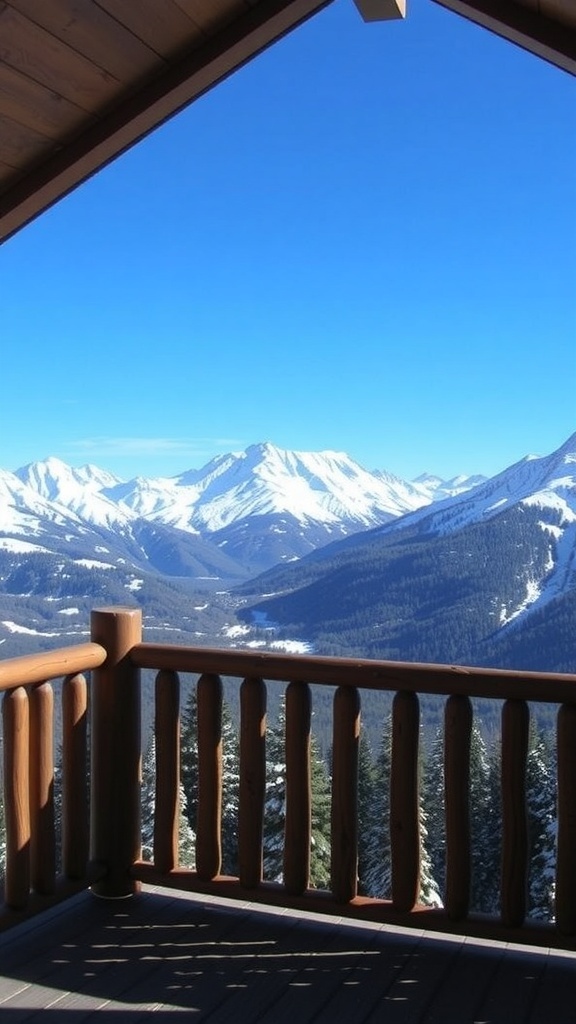 A serene view of snow-covered mountains from a cabin porch.