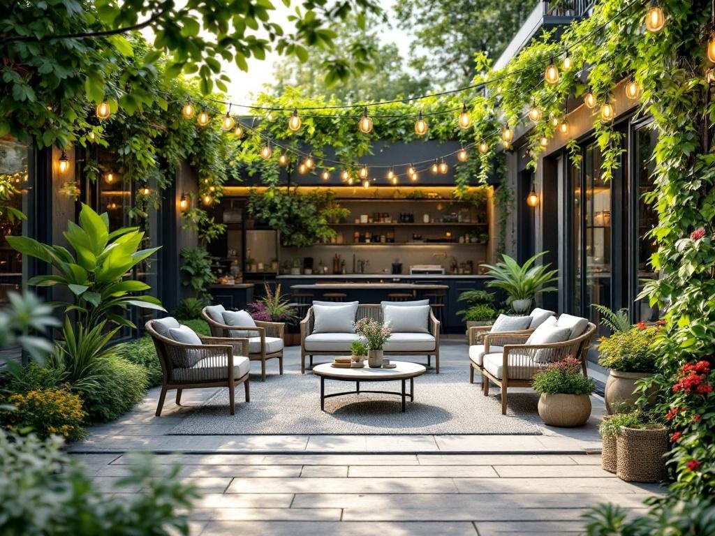 A serene outdoor patio with comfortable seating, lush plants, and warm string lights.