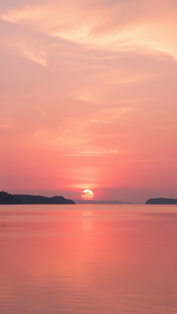 A serene pink sunset over calm waters with soft clouds.