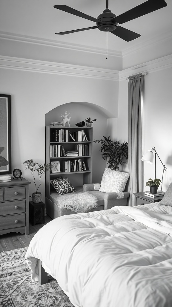 A cozy reading nook in a black and white bedroom with a chair, bookshelf, and soft decor.
