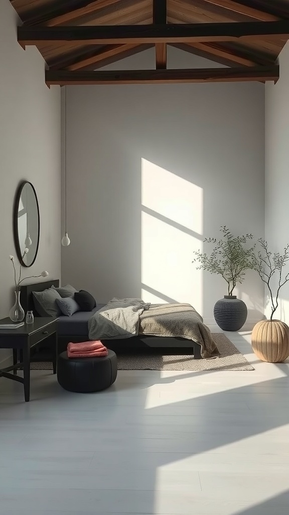 A serene bedroom featuring black furniture, soft textiles, and natural decor.