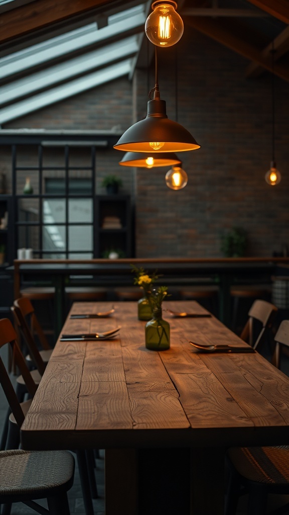 Rustic farmhouse dining table with warm lighting