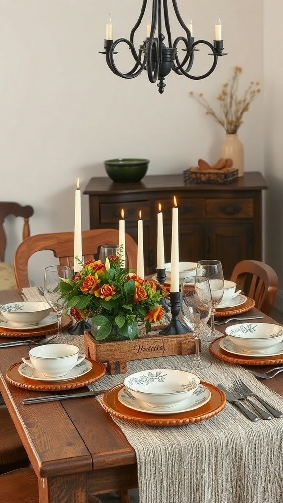 A beautifully set rustic dining table with candles, flowers, and elegant dishware.