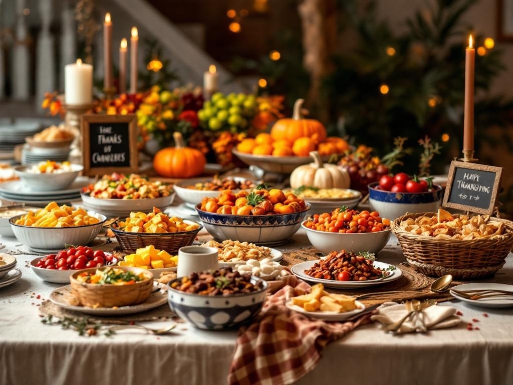 A beautifully arranged buffet-style Thanksgiving table filled with various dishes, fruits, and decorations.
