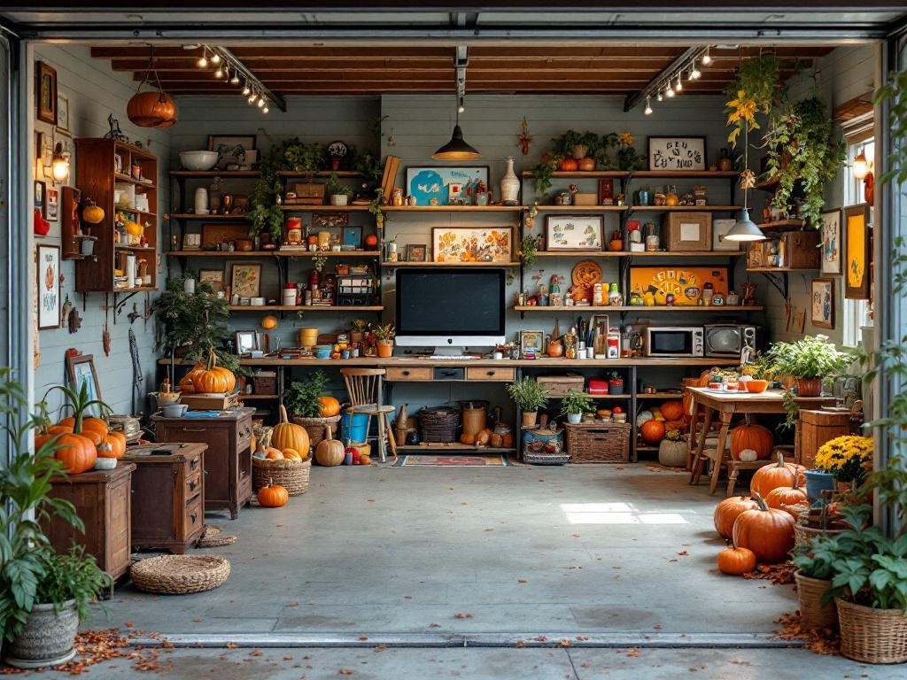 A cozy garage setup for Thanksgiving with pumpkins, decorations, and a games zone.