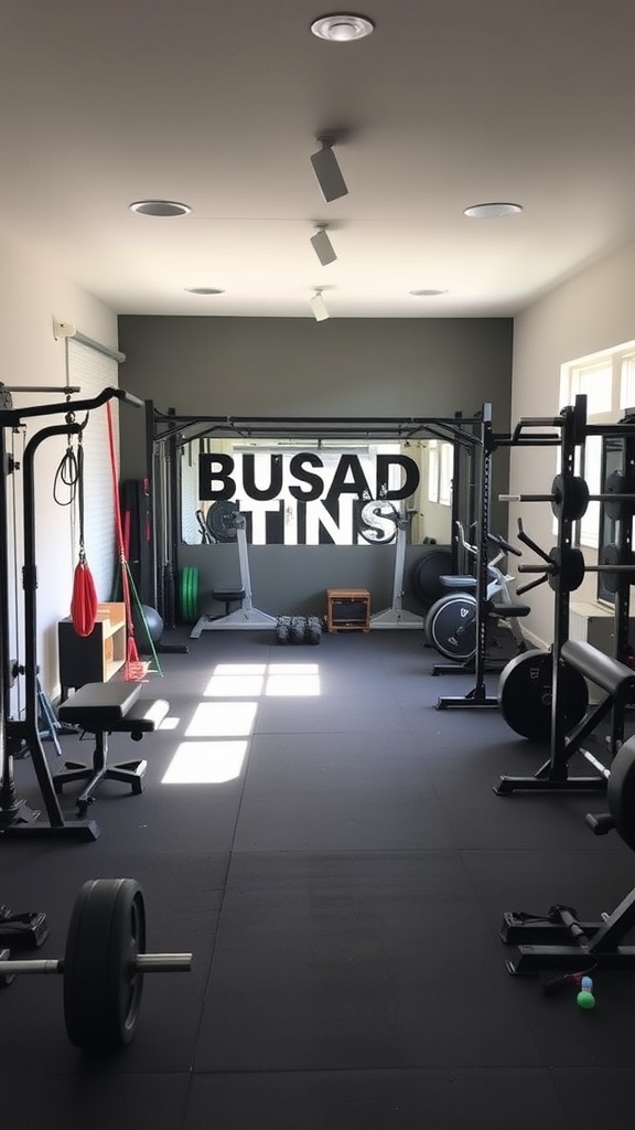 A spacious home gym with various workout equipment including weights and benches.
