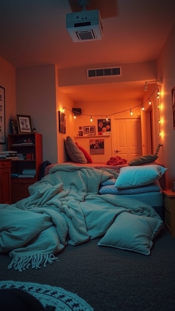 A cozy dorm room setup with blankets and pillows on the floor, string lights, and a projector for movie nights.