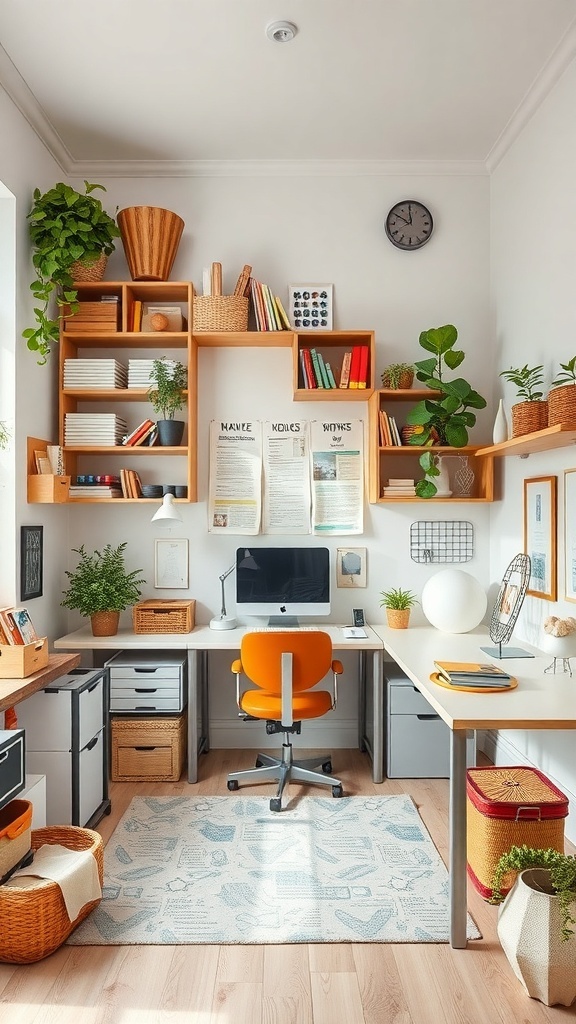A cozy craft room with shelves, a desk, and plants.