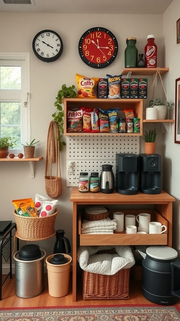 A cozy refreshment station with snacks, drinks, and coffee maker in a hobby room.
