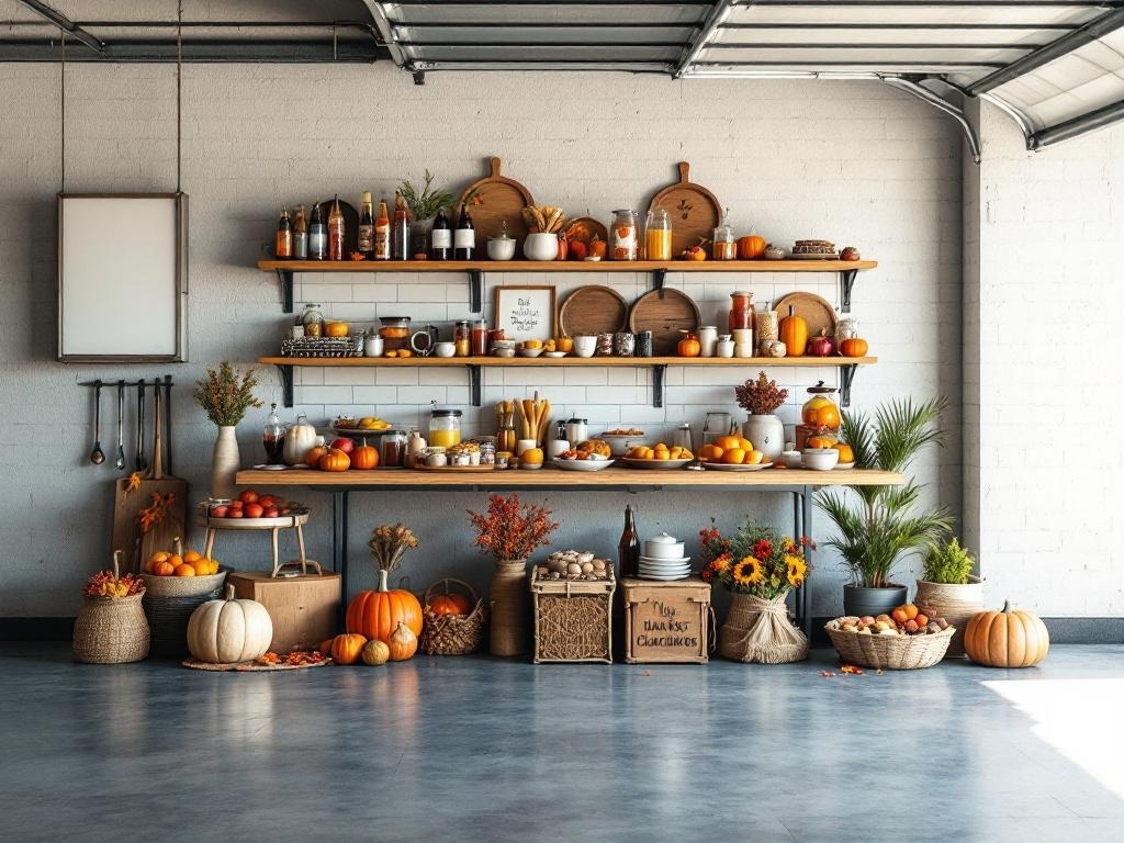A beautifully arranged Thanksgiving refreshment station in a garage with shelves filled with seasonal decor, drinks, and snacks.