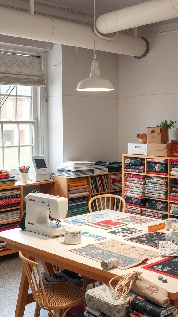 A bright and organized sewing room with a sewing machine, fabric storage, and a large table.