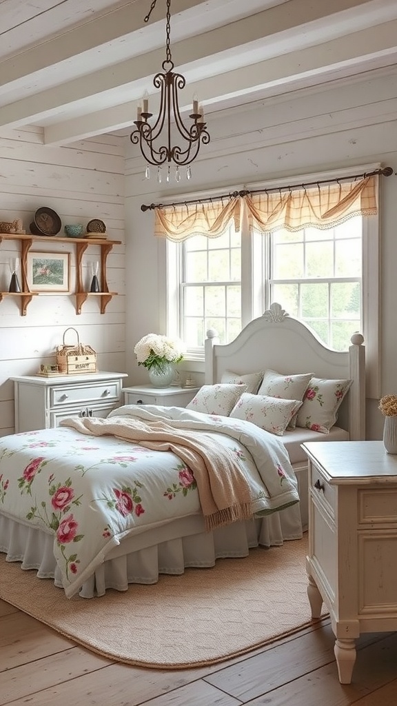 A rustic farmhouse bedroom featuring floral bedding, vintage furniture, and soft lighting.