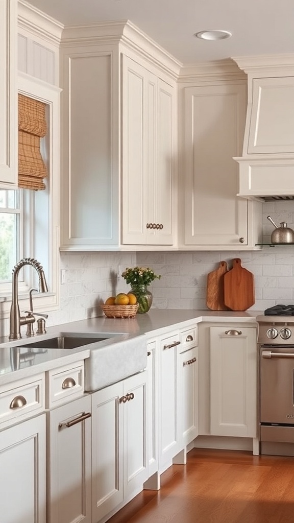 A modern farmhouse kitchen featuring Shaker cabinets in a light color with a farmhouse sink and wooden accents.