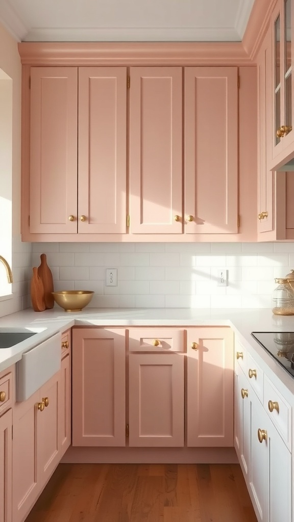 A farmhouse kitchen featuring shaker cabinets in soft pastel colors, including blush pink and white, with gold hardware.