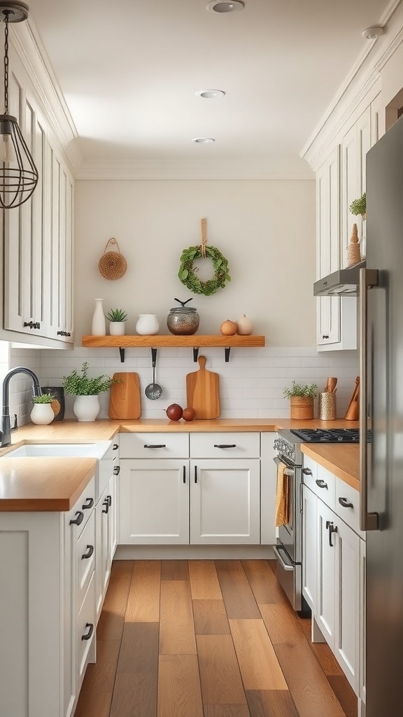 A rustic kitchen featuring shaker style cabinets in white with wooden countertops and various kitchen accessories.