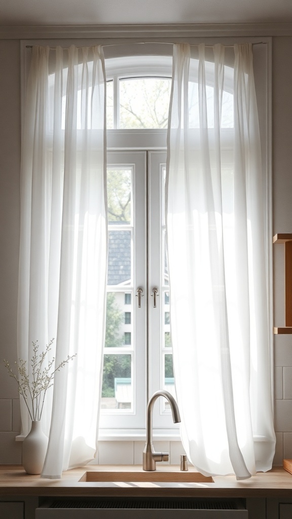 Sheer curtains in a farmhouse kitchen window, allowing natural light to fill the space.