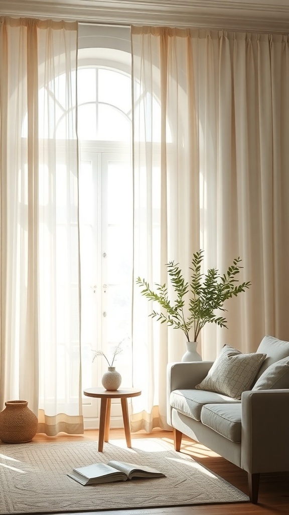A living room with sheer curtains allowing soft light to filter through.