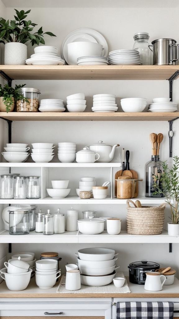 Organized kitchen shelves with various dishes and containers