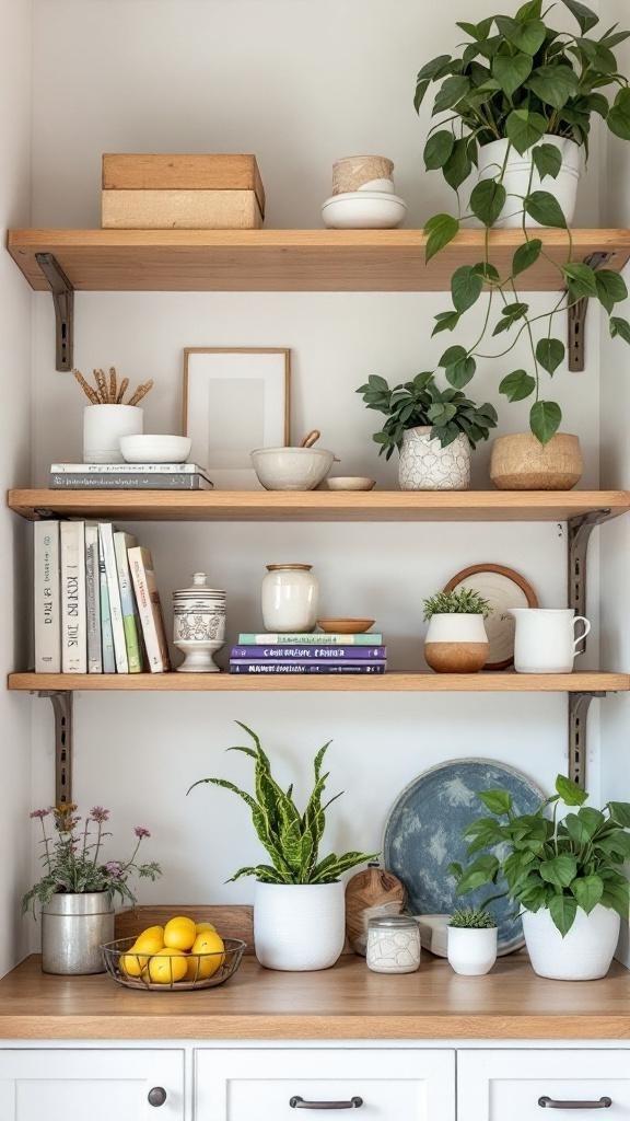 Stylish kitchen shelving with plants, books, and decorative items.