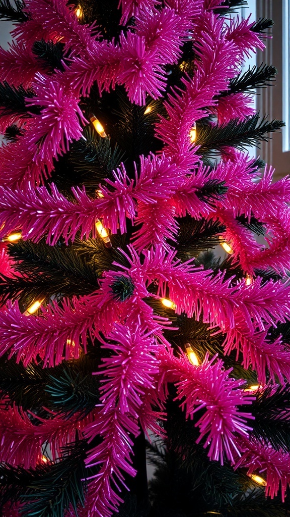 Close-up of a pink tinsel Christmas tree with warm lights