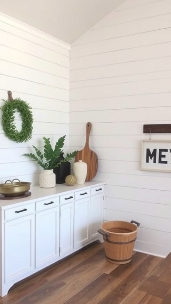 A modern farmhouse interior featuring a shiplap accent wall with decorative elements.
