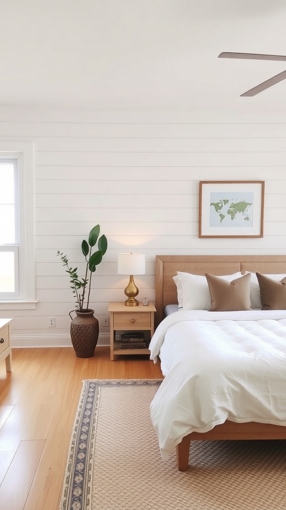 Modern farmhouse bedroom with shiplap accent wall, wooden furniture, and soft bedding.