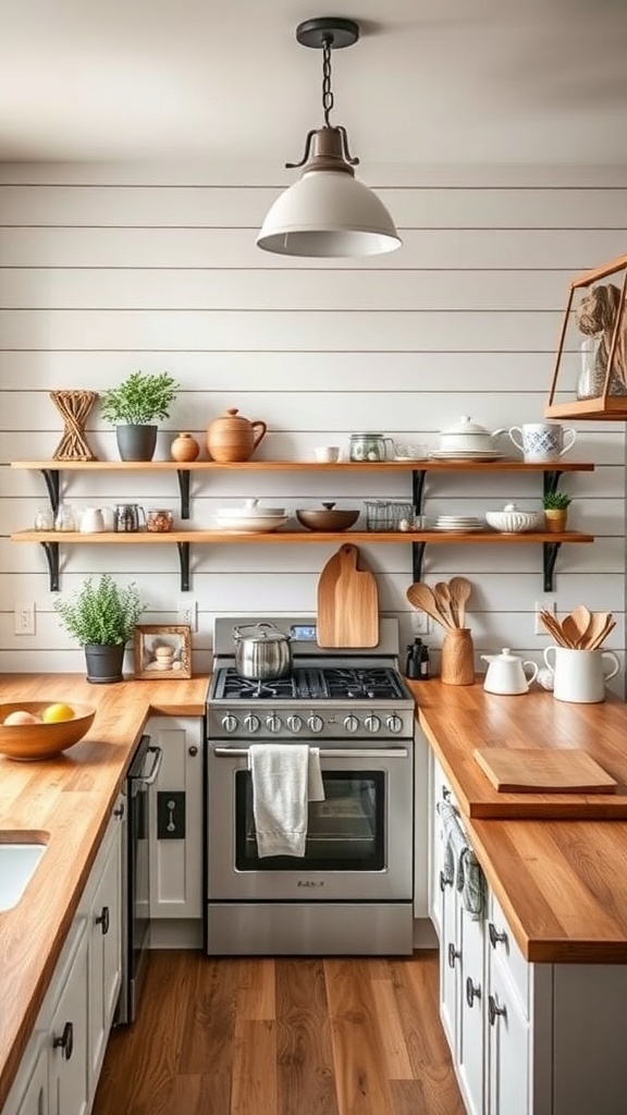 A cozy farmhouse kitchen featuring shiplap walls, wooden countertops, and open shelving.