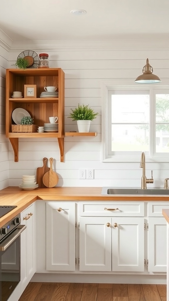 Modern farmhouse kitchen with shiplap backsplash and wooden shelves.