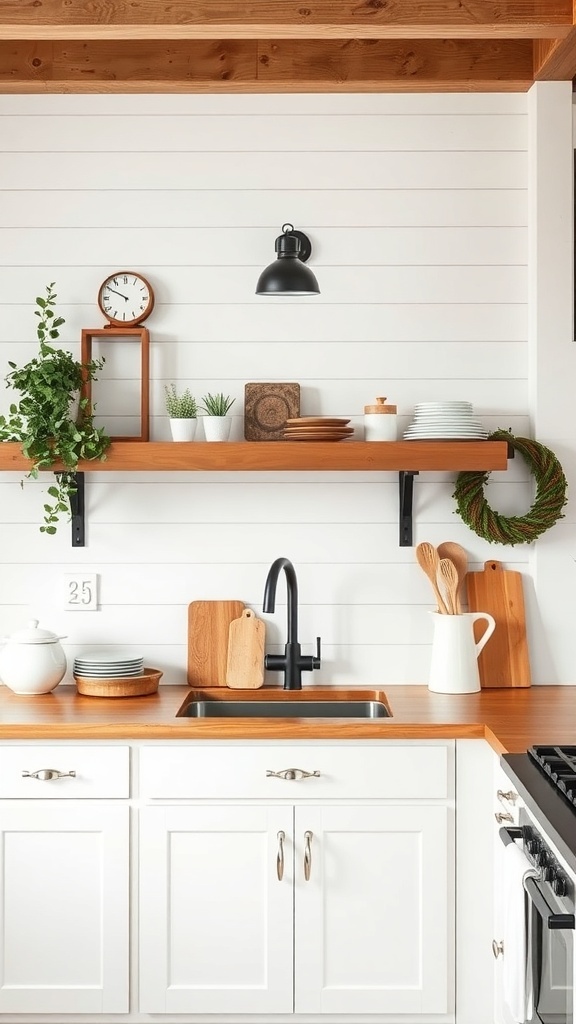 A rustic farmhouse kitchen featuring shiplap walls, wooden shelves, and a modern sink.