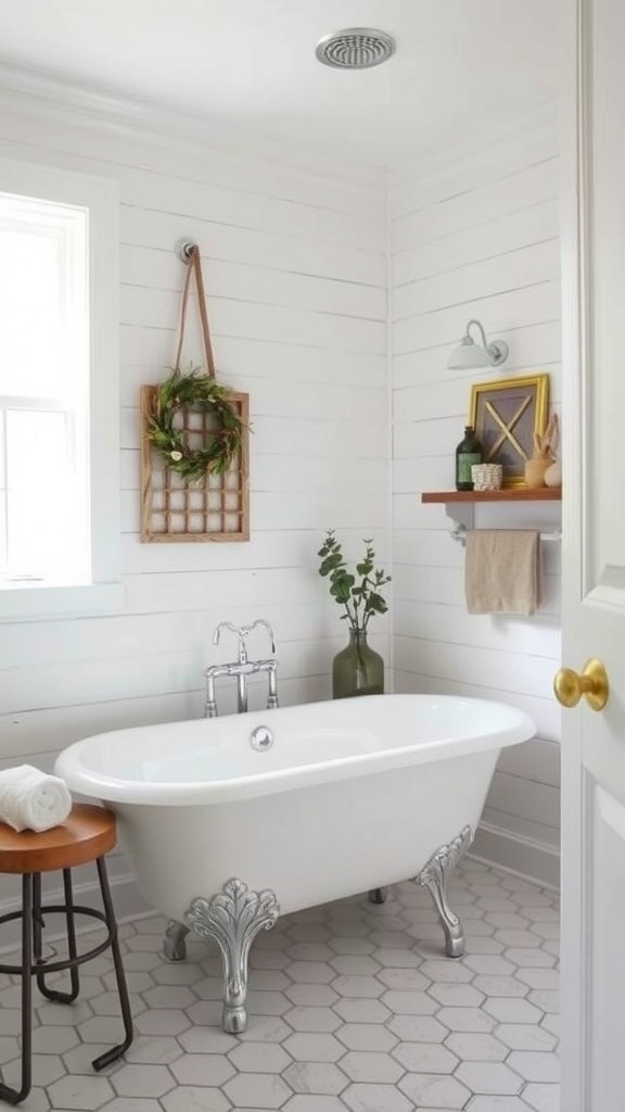 Modern farmhouse bathroom with shiplap walls, a freestanding tub, and natural decor.