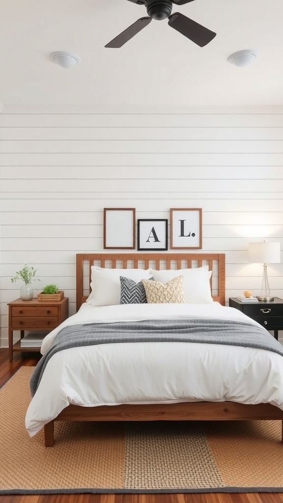 Modern farmhouse bedroom with shiplap walls and a cozy bed